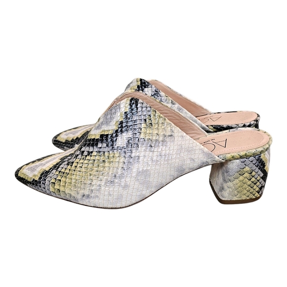 AGL Leather Snakeskin Pointed Toe Mules Size 7.5 Green & Gray Designer Luxury - Picture 8 of 15